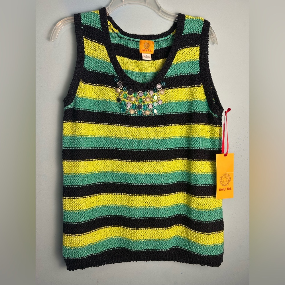NWT Ruby Rd. BOHO COOL Sweater Tank Top Beaded Women's XL Stripes Nautical BOHO